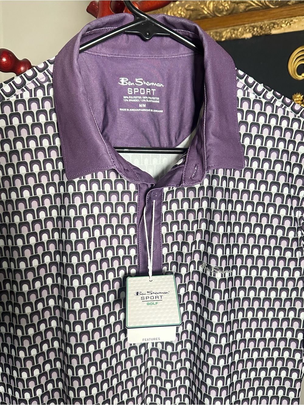 NWT Ben Sherman Sport Golf Polo Shirt Mens M Medium Purple Geometric Print